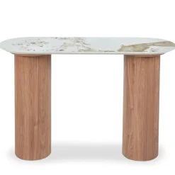 3S. x Home Console moderne pieds colonnes Eglantine Bois et Céramique Effet marbre Blanc