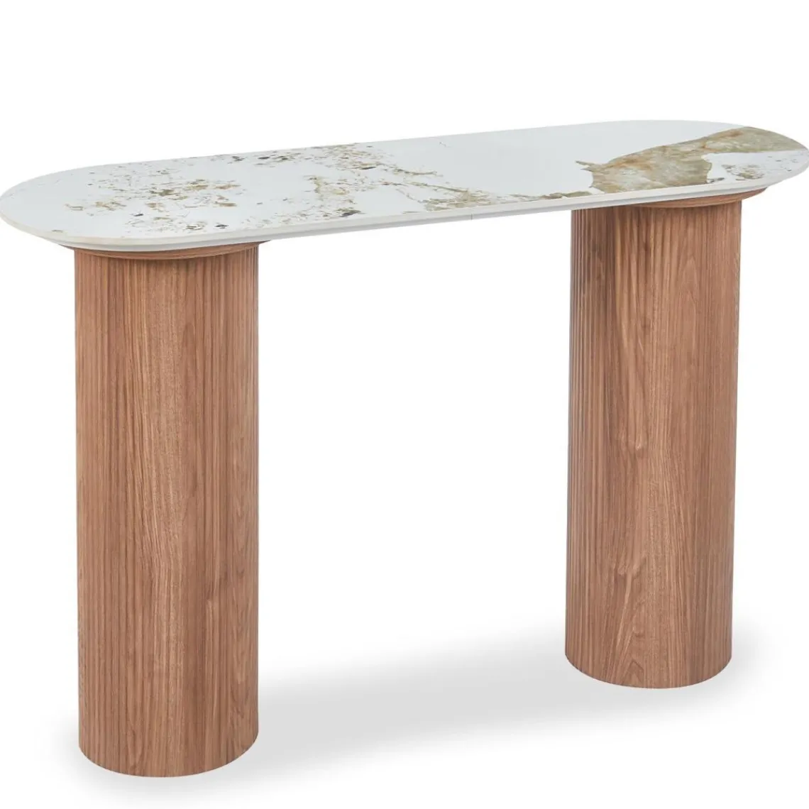 3S. x Home Console moderne pieds colonnes Eglantine Bois et Céramique Effet marbre Blanc