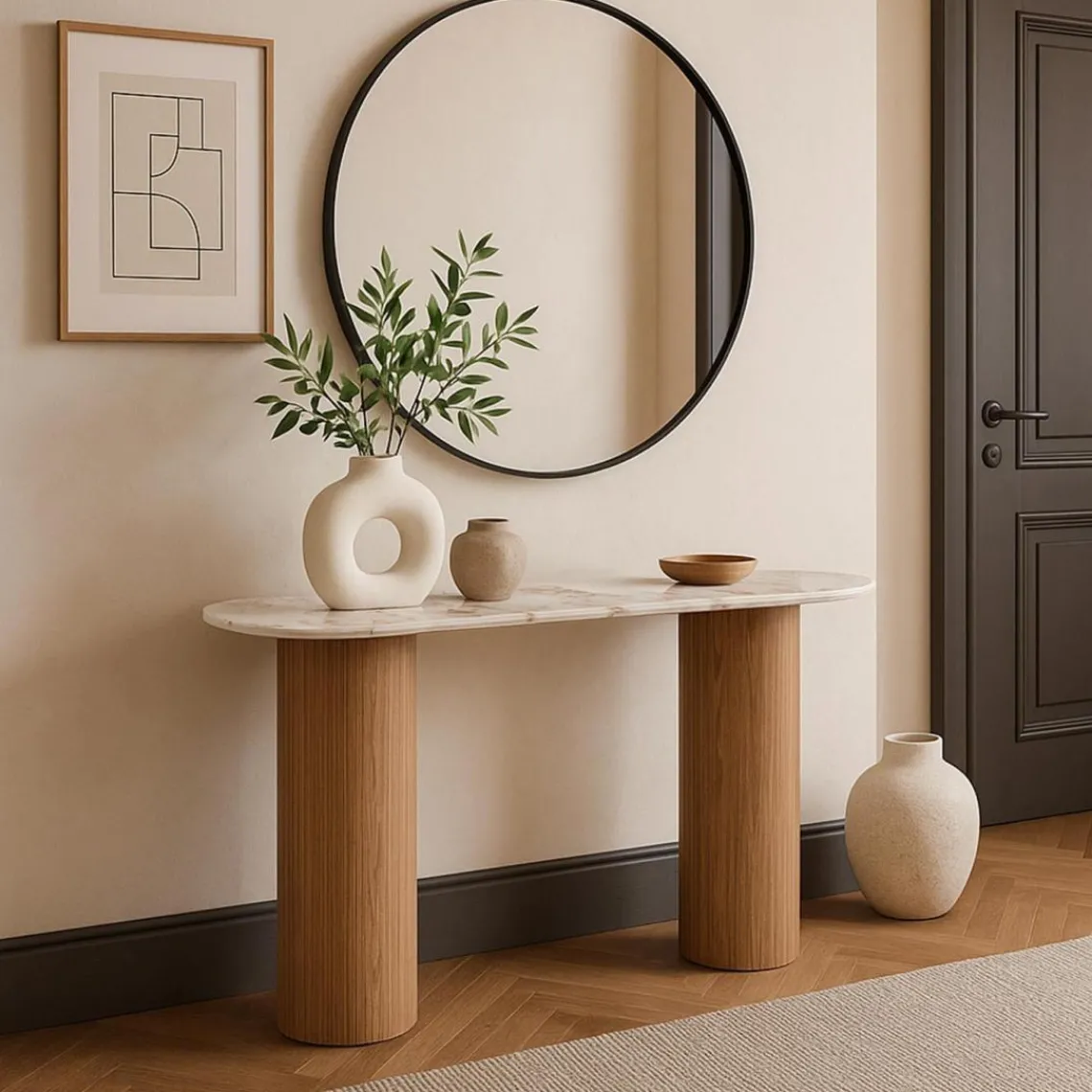 3S. x Home Console moderne pieds colonnes Eglantine Bois et Céramique Effet marbre Blanc