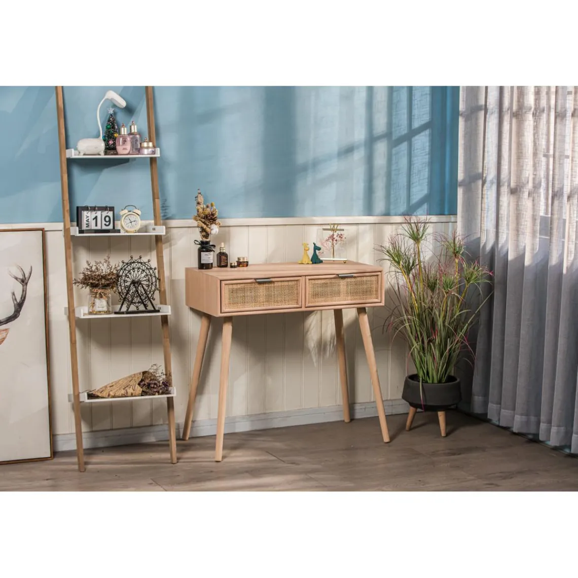 3S. x Home Console scandinave en bois avec 2 tiroirs Cannage Rotin Gris Discount