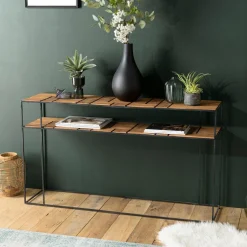Macabane Console SIXTINE 2 plateaux teck et métal New
