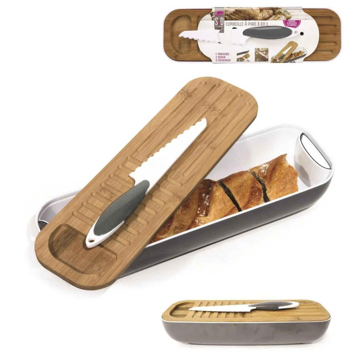 3S. x Home Corbeille et Planche a Pain 3 en 1 avec couteau ABILENE Online