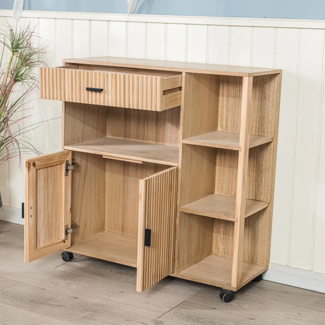 3S. x Home Desserte Chariot Bois Massif Rotin New