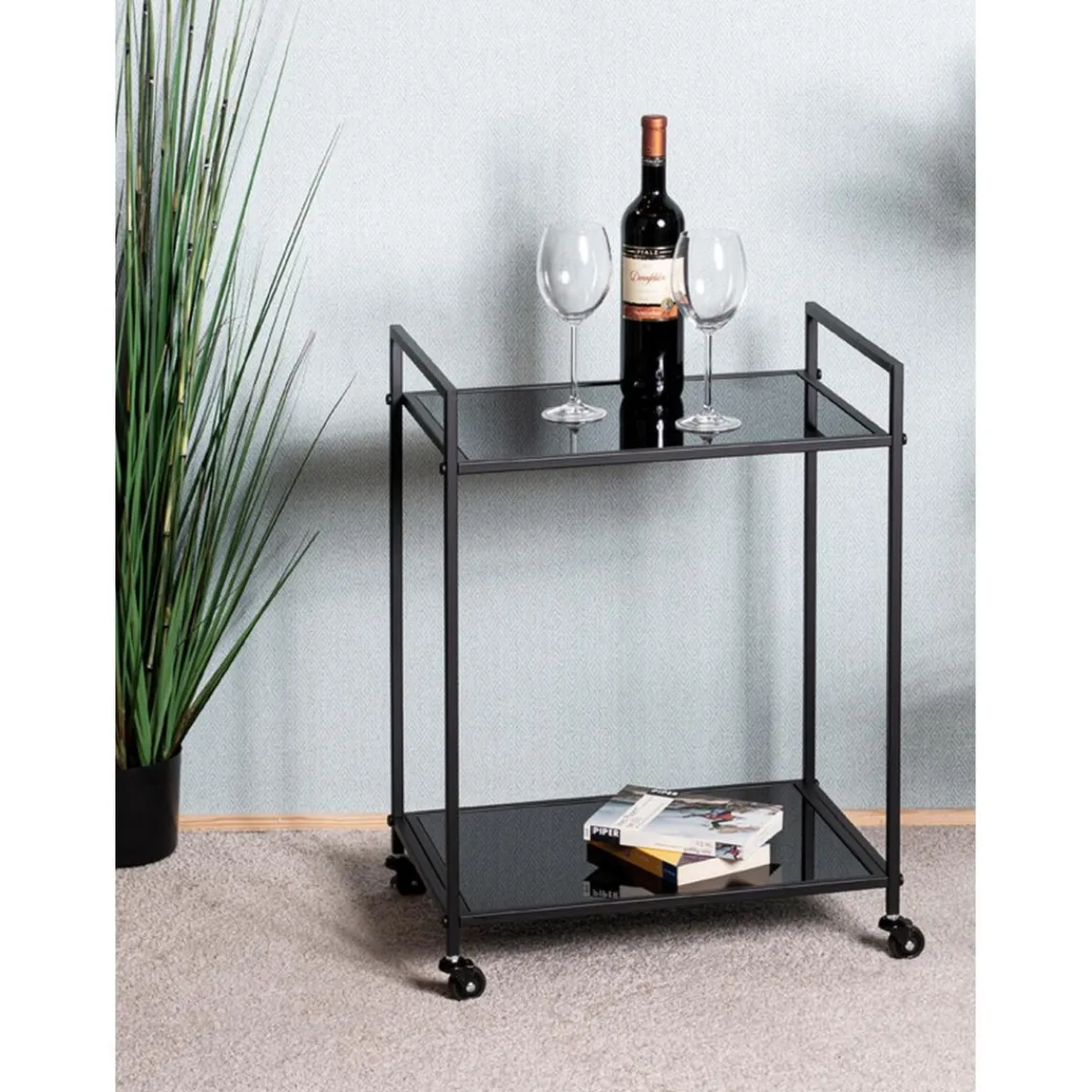 3S. x Home Desserte Noire en Métal avec plateau en Verre laqué Online