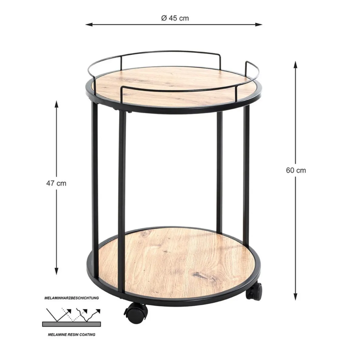 3S. x Home Desserte ronde sur roulettes avec plateaux en MDF décor chêne et en Tube d'acier laqué Noir Online