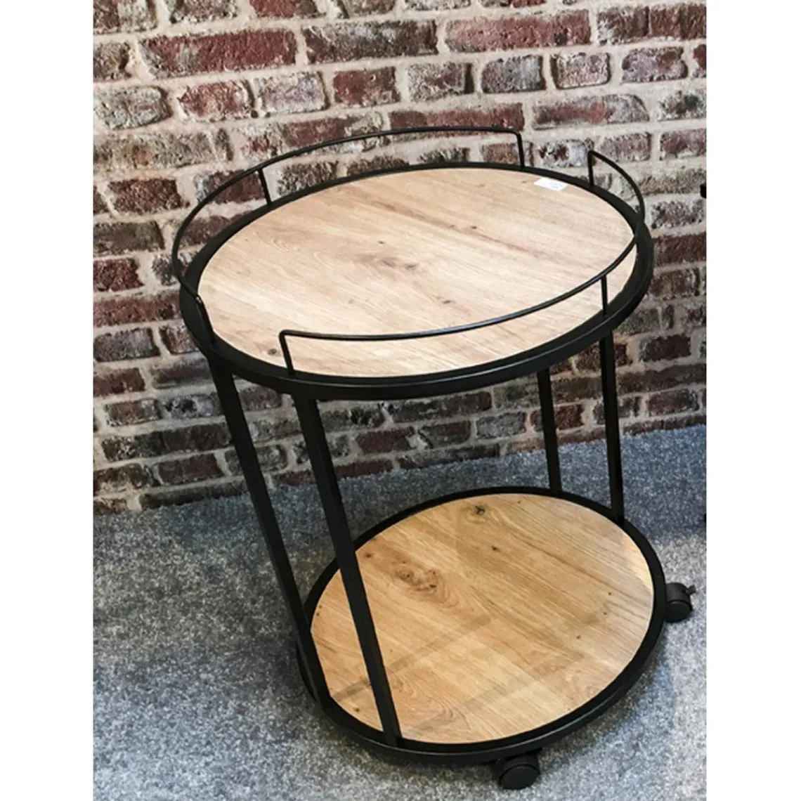 3S. x Home Desserte ronde sur roulettes avec plateaux en MDF décor chêne et en Tube d'acier laqué Noir Online