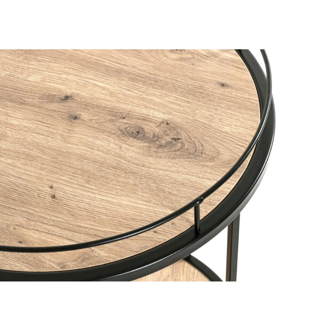 3S. x Home Desserte ronde sur roulettes avec plateaux en MDF décor chêne et en Tube d'acier laqué Noir Online