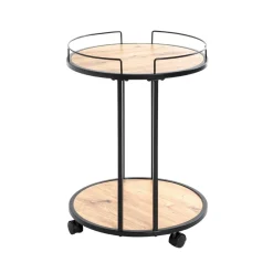 3S. x Home Desserte ronde sur roulettes avec plateaux en MDF décor chêne et en Tube d'acier laqué Noir Online