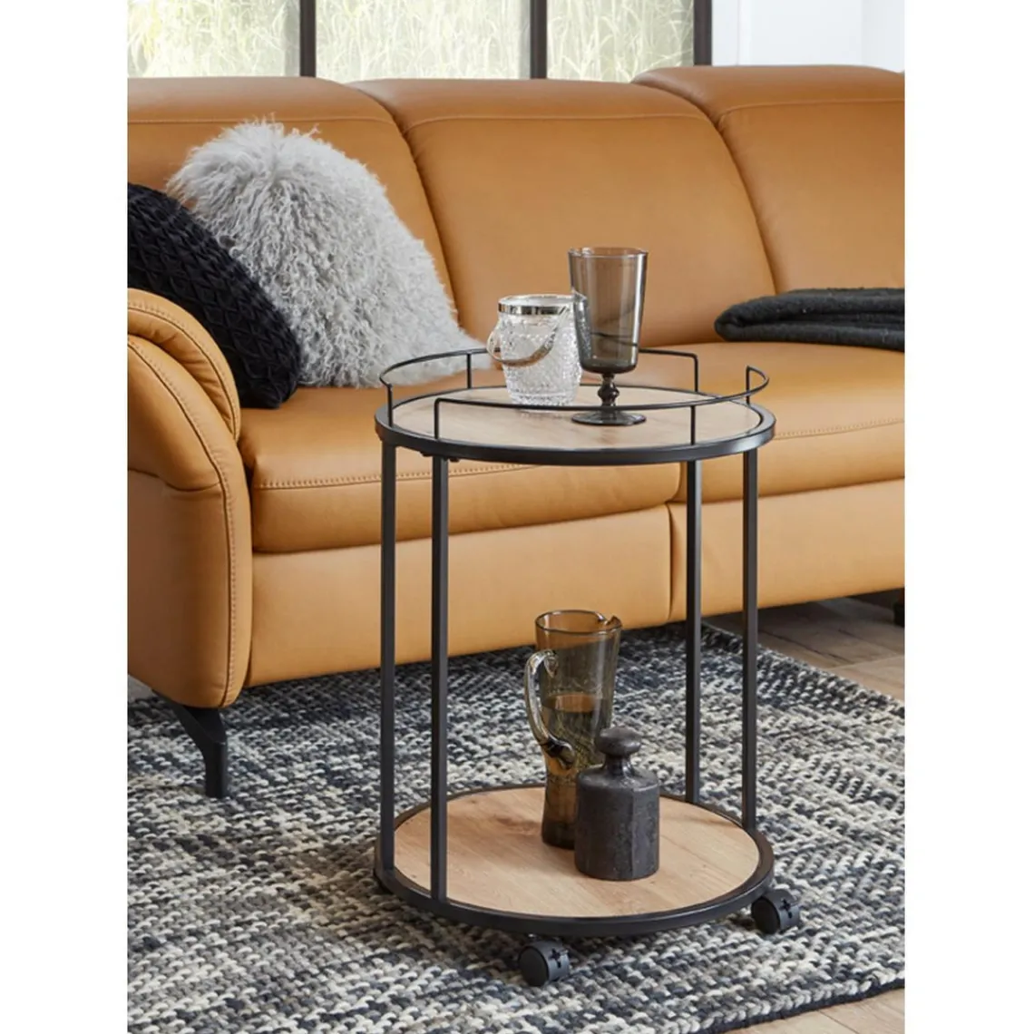 3S. x Home Desserte ronde sur roulettes avec plateaux en MDF décor chêne et en Tube d'acier laqué Noir Online