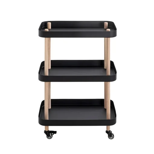 3S. x Home Desserte trois niveaux en bois avec étagères métal laqué noir New