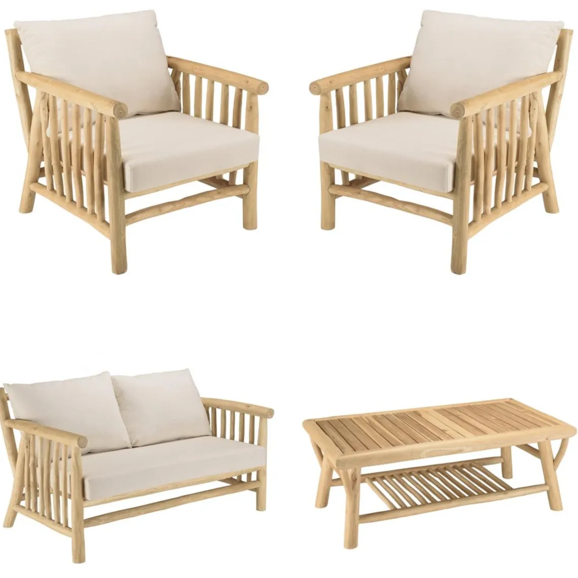 Macabane Ensemble canapé 2 places 2 fauteuils et une 1 table basse BORNEO en teck WILL Blanc Discount