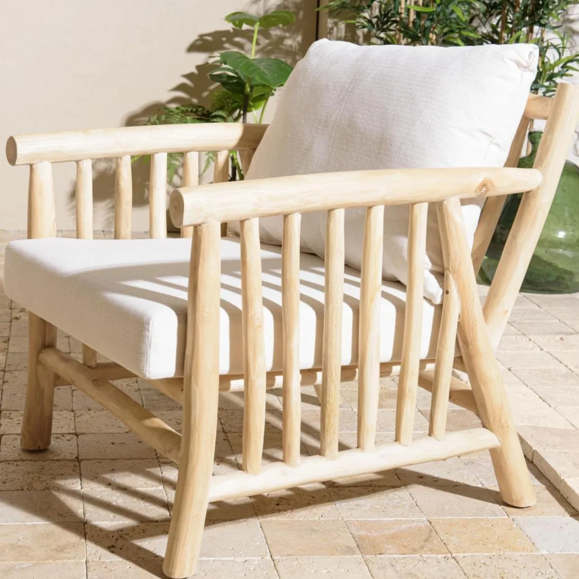 Macabane Ensemble canapé 2 places 2 fauteuils et une 1 table basse BORNEO en teck WILL Blanc Discount