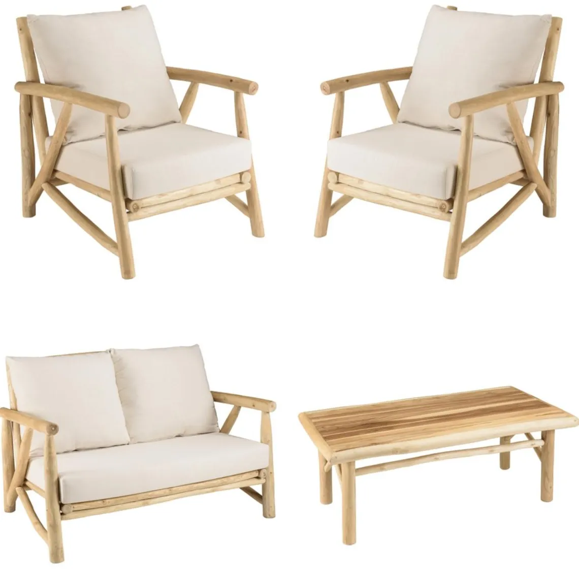 Macabane Ensemble canapé 2 places 2 fauteuils 1 table basse en teck MADURA Blanc New