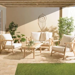 Macabane Ensemble canapé 2 places 2 fauteuils 1 table basse en teck MADURA Blanc New