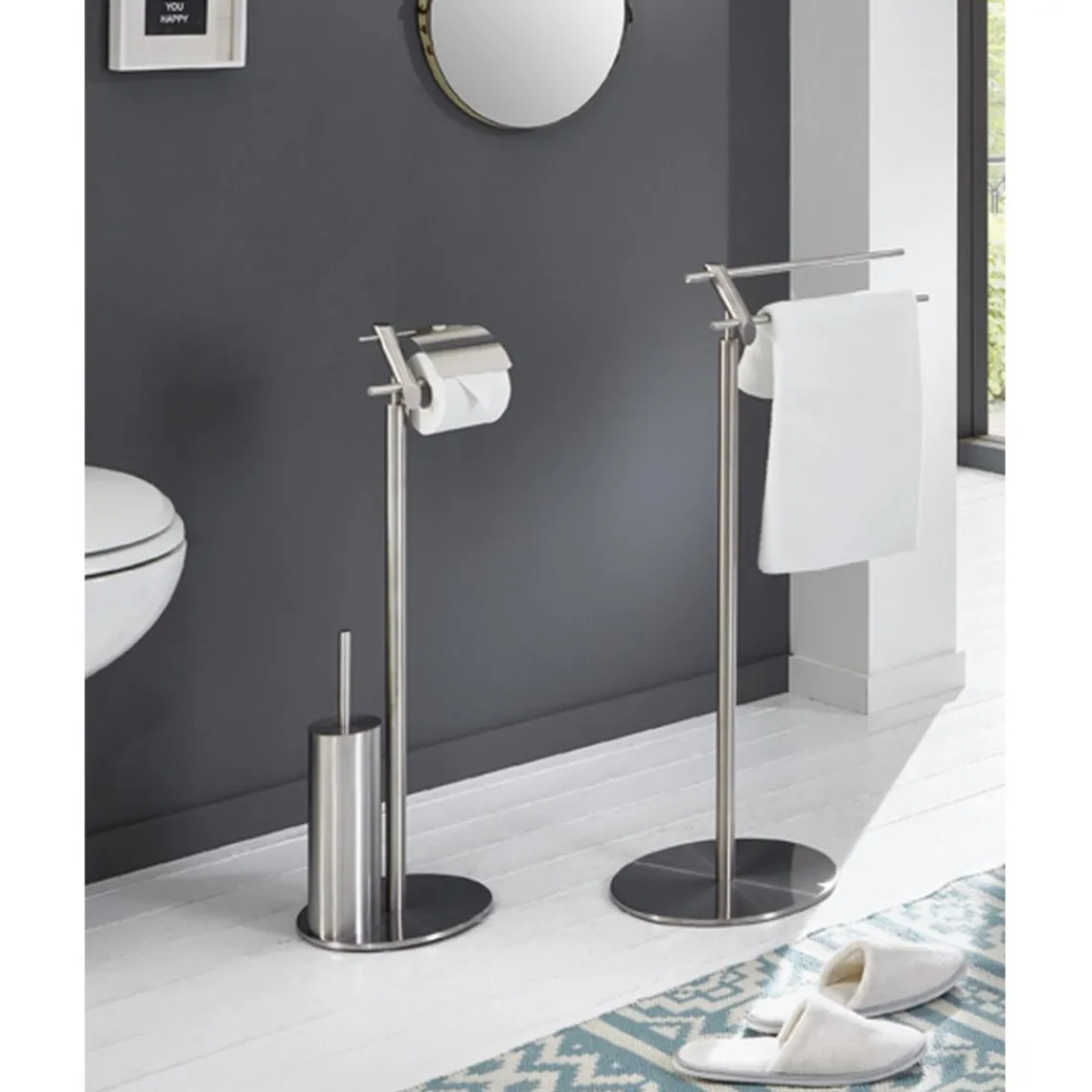 3S. x Home Ensemble WC avec porte papier et brosse intégrée, pied en Inox massif Argenté Clearance