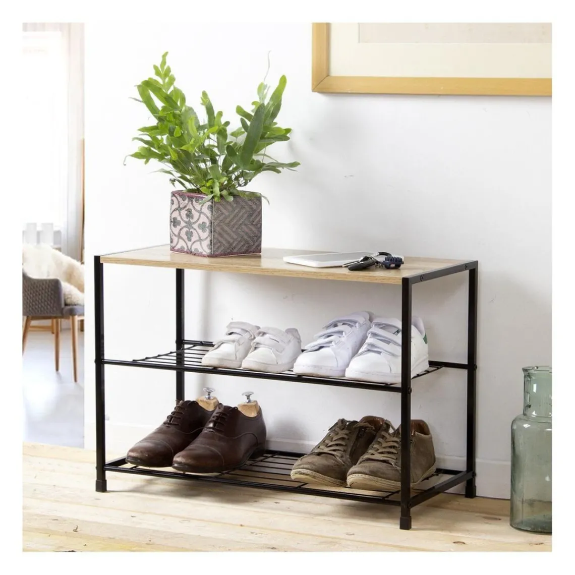 Calicosy Etagère à chaussures 3 niveaux en acier et en bois Beige Clearance