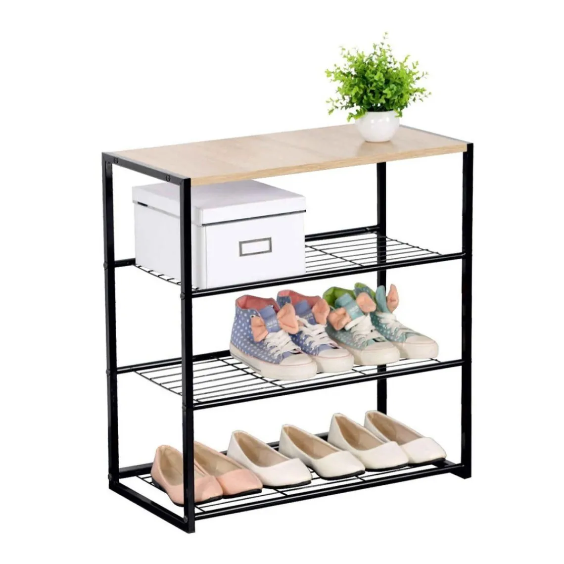 Calicosy Etagère à chaussures 4 niveaux en acier et en bois Beige Discount