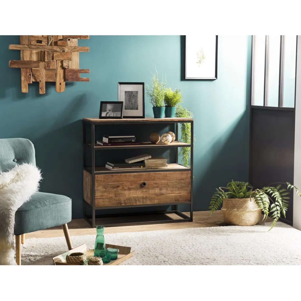 Macabane Etagère 1 Tiroir ALIDA Bois Teck Recyclé Acacia Mahogany Et Métal Sale