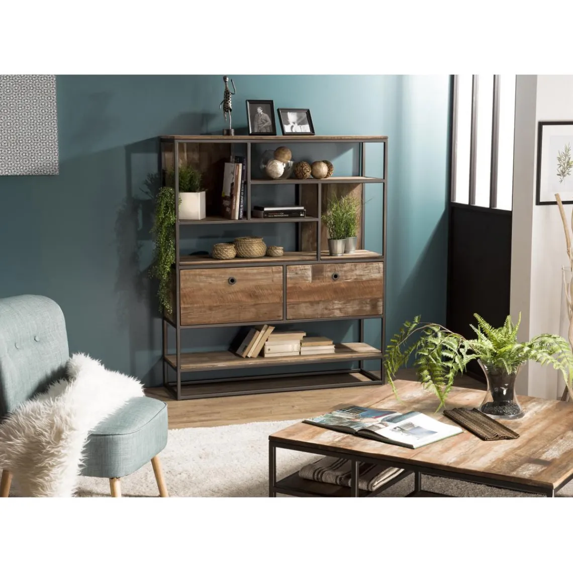 Macabane Etagère 2 Tiroirs Et 7 Niches Bois Teck SIXTINE Recyclé Acacia Mahogany Et Métal Best