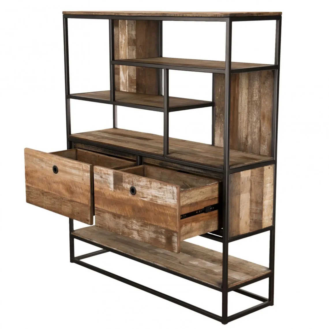 Macabane Etagère 2 Tiroirs Et 7 Niches Bois Teck SIXTINE Recyclé Acacia Mahogany Et Métal Best