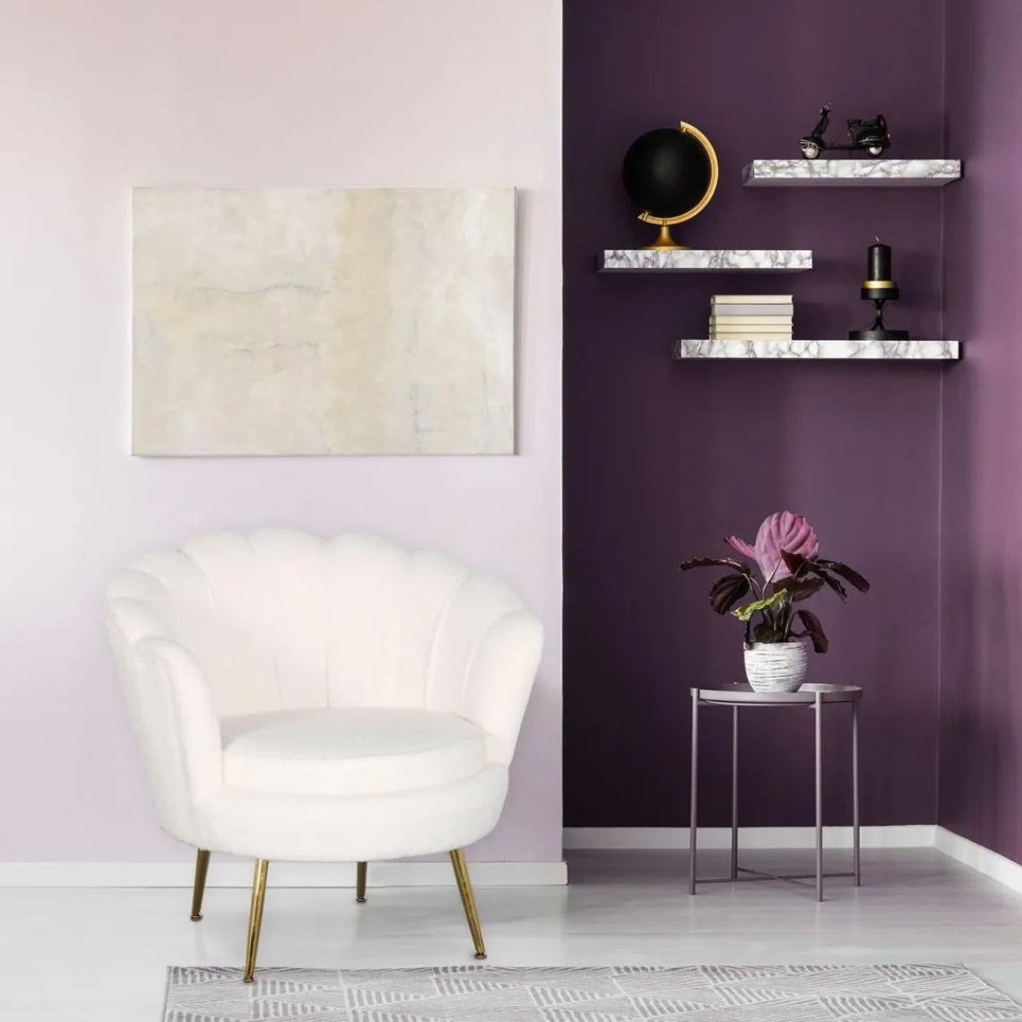 3S. x Home Fauteuil arrondi style boudoir glamour Andersen Tissu bouclette Crème Clearance