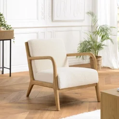 Macabane Fauteuil bas tissu bouclette écru structure et accoudoirs bois PIERRE Outlet