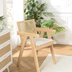 Macabane Fauteuil bois d’Hévéa assise tissu dossier rotin naturel AGATHE Blanc Outlet