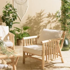 Macabane Fauteuil BORNEO en branches de teck naturel coussins blancs WILL Sale