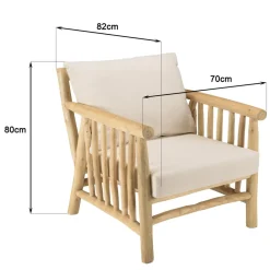Macabane Fauteuil BORNEO en branches de teck naturel coussins blancs WILL Sale