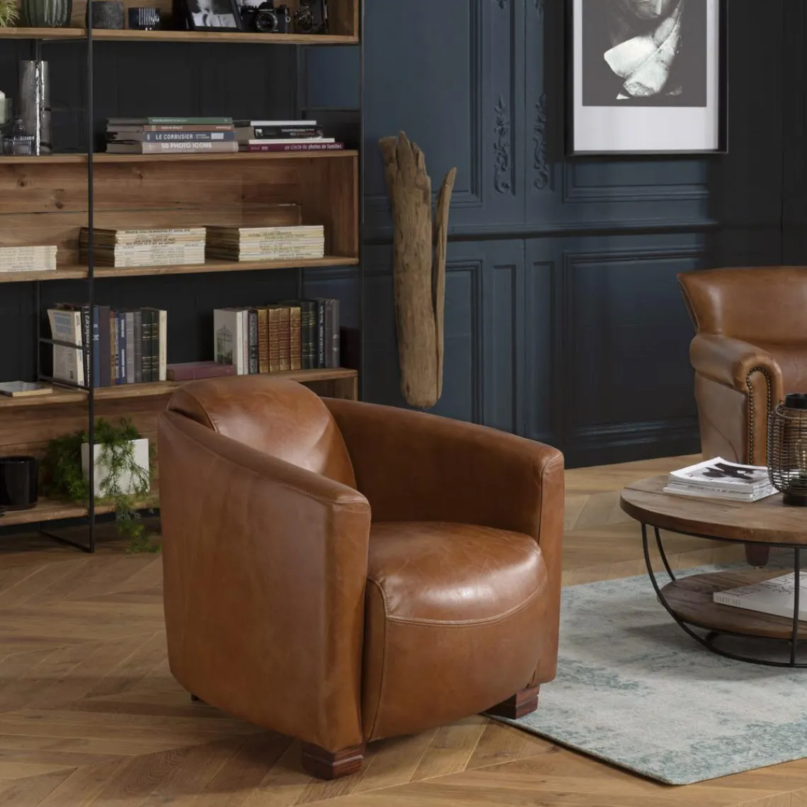 Macabane Fauteuil chicago vintage cuir pieds bois GASTON Hot