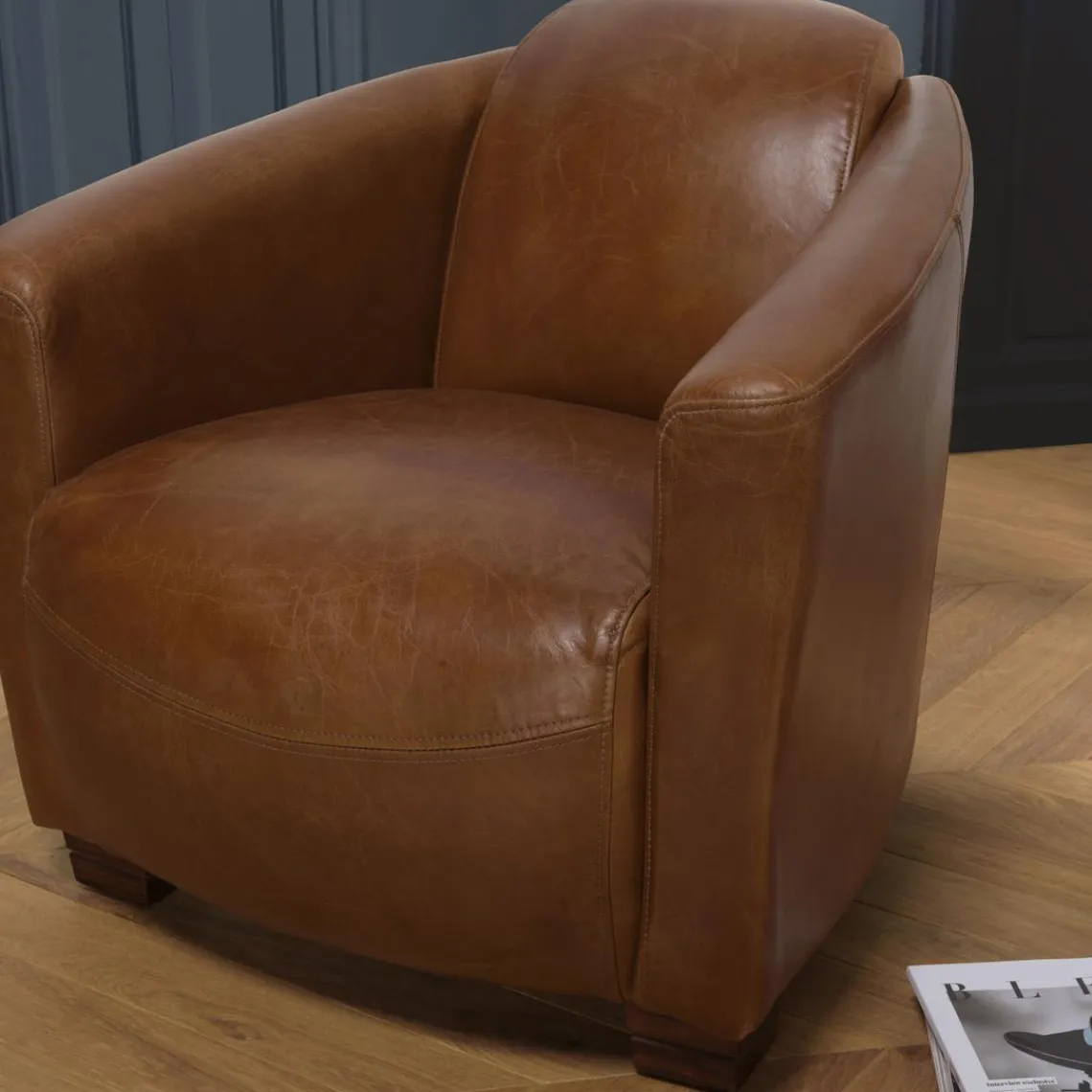 Macabane Fauteuil chicago vintage cuir pieds bois GASTON Hot