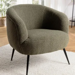 Macabane Fauteuil cosy tissu bouclette vert kaki pieds métal noir AGATHE Outlet