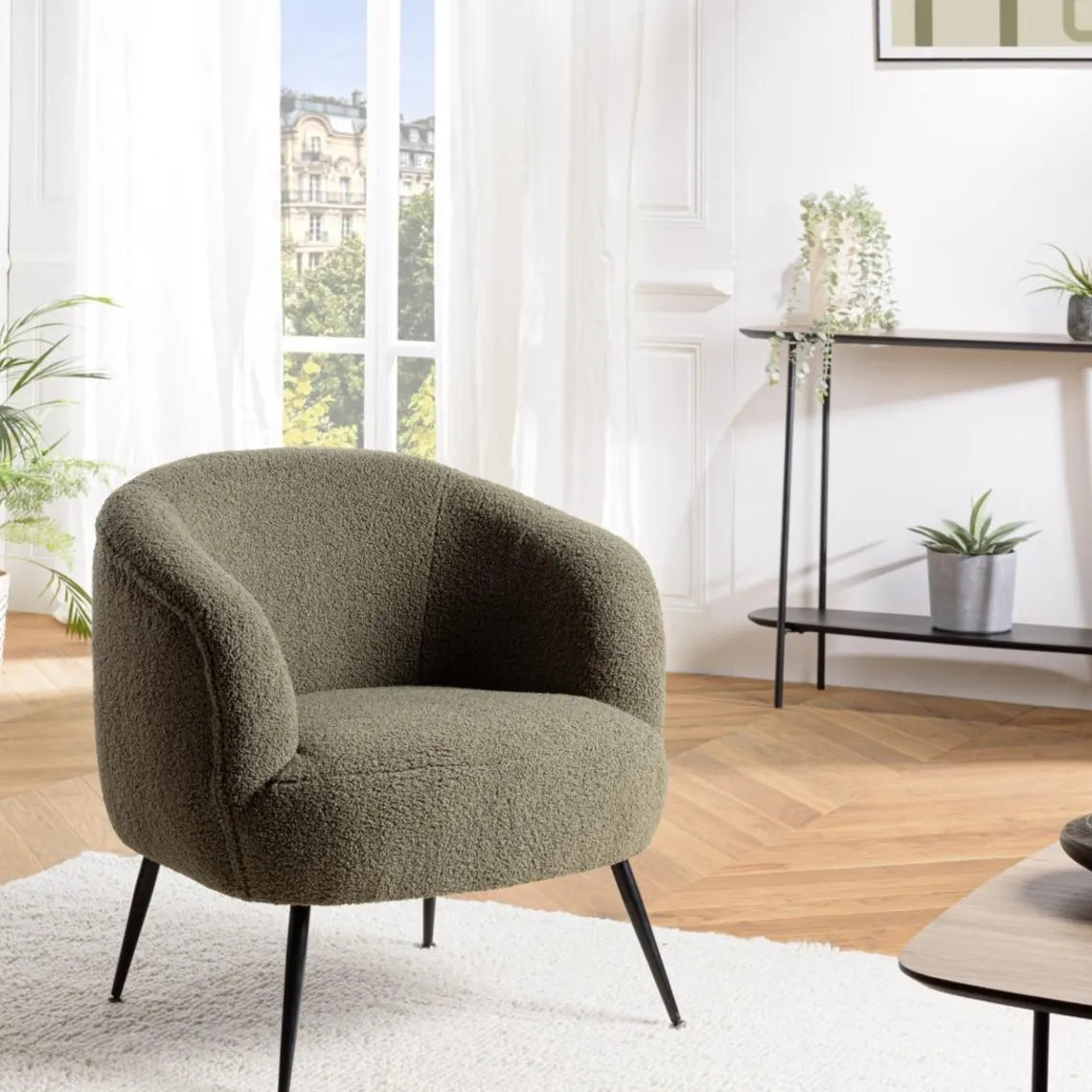 Macabane Fauteuil cosy tissu bouclette vert kaki pieds métal noir AGATHE Outlet