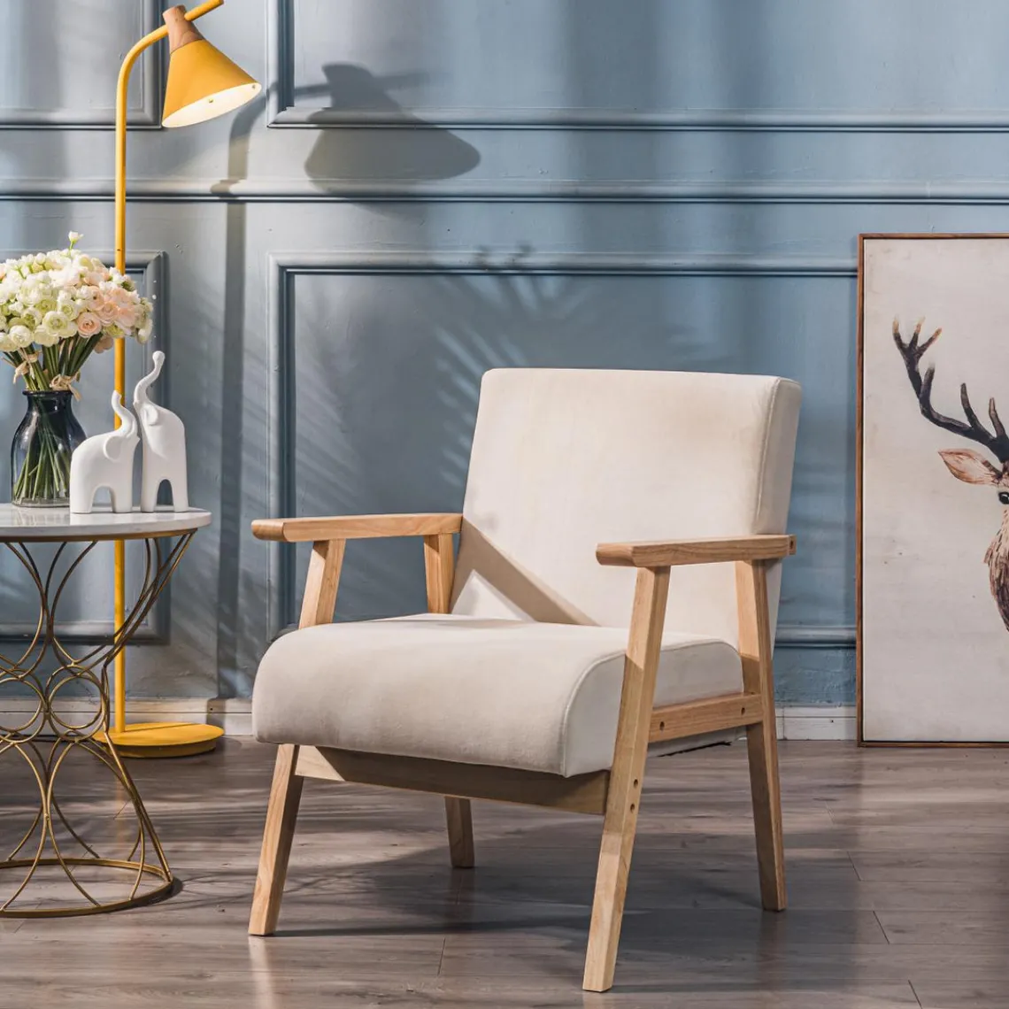 3S. x Home Fauteuil de Salon Scandinave avec Structure Bois LOUIS-BEIGE