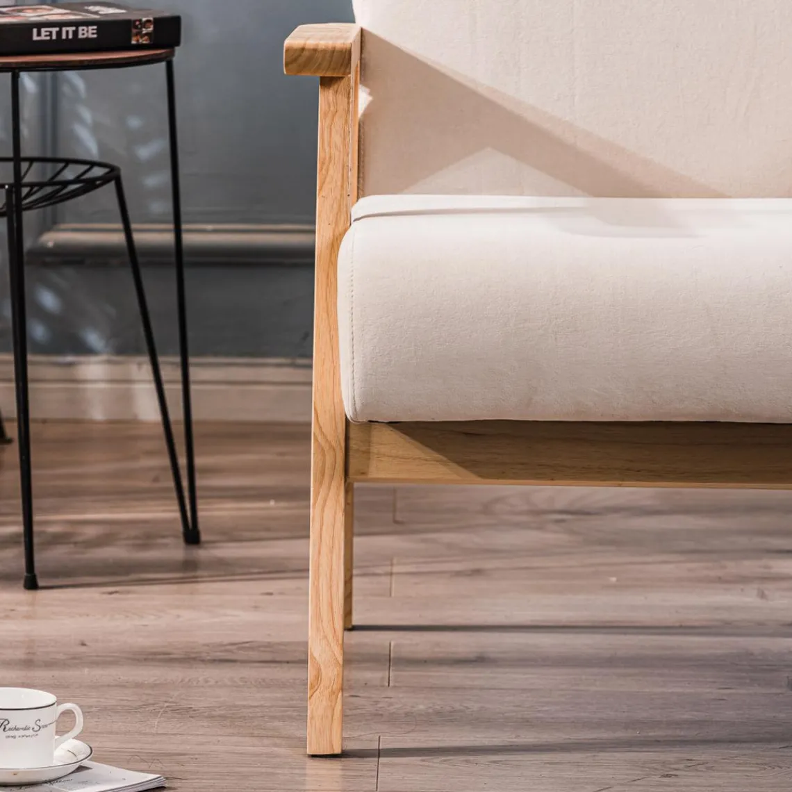 3S. x Home Fauteuil de Salon Scandinave avec Structure Bois LOUIS-BEIGE