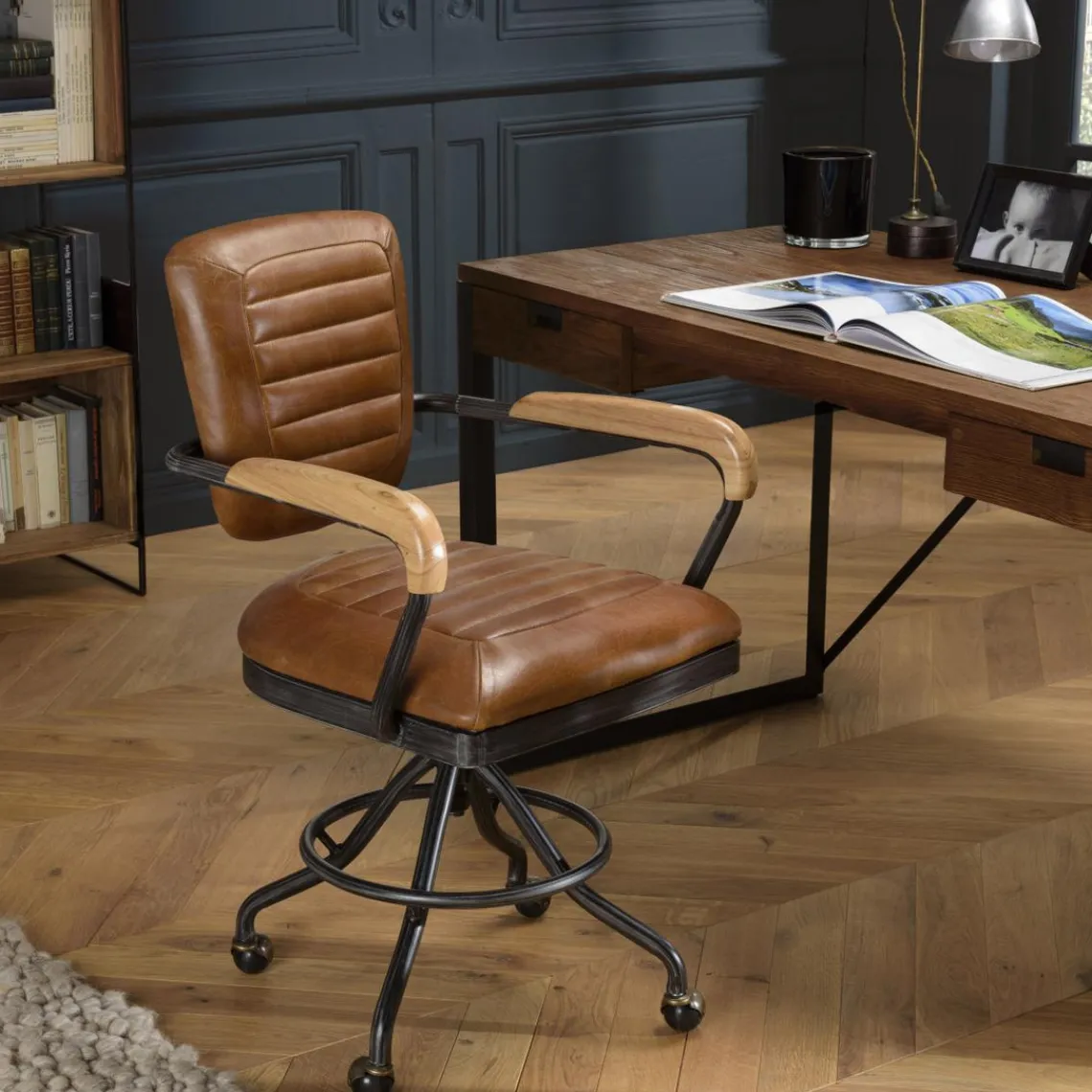 Macabane Fauteuil desk vintage cuir à roulettes GASTON Best