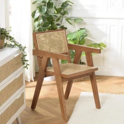 Macabane Fauteuil en bois d’Hévéa foncé dossier et assise rotin naturel AGATHE Bois Foncé Best