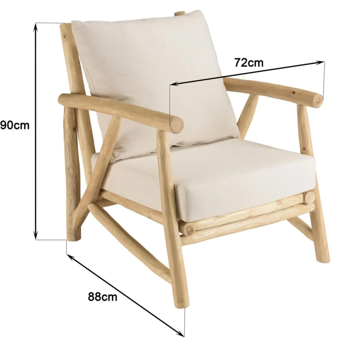 Macabane Fauteuil en branches de teck naturel avec coussins blancs MADURA Discount