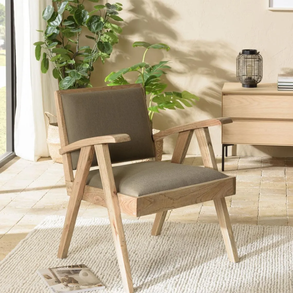 Macabane Fauteuil en Mindi, assise en tissu chiné DAK Kaki