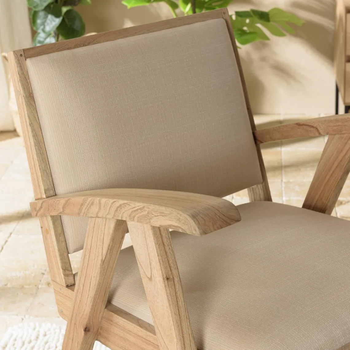 Macabane Fauteuil en Mindi, assise en tissu texturé Beige Outlet