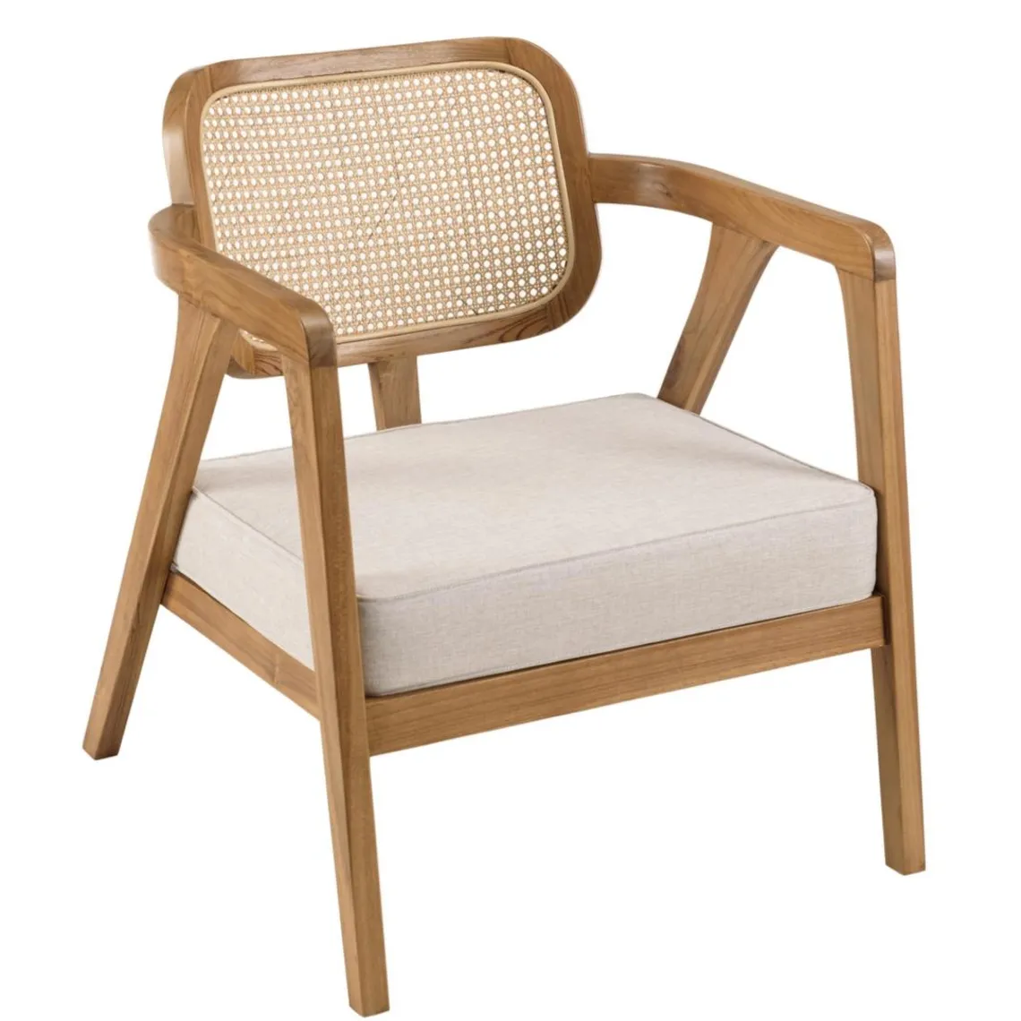 Macabane Fauteuil FLORES en teck avec dossier en cannage naturel et coussin gris WILL Marron New