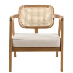 Macabane Fauteuil FLORES en teck avec dossier en cannage naturel et coussin gris WILL Marron New