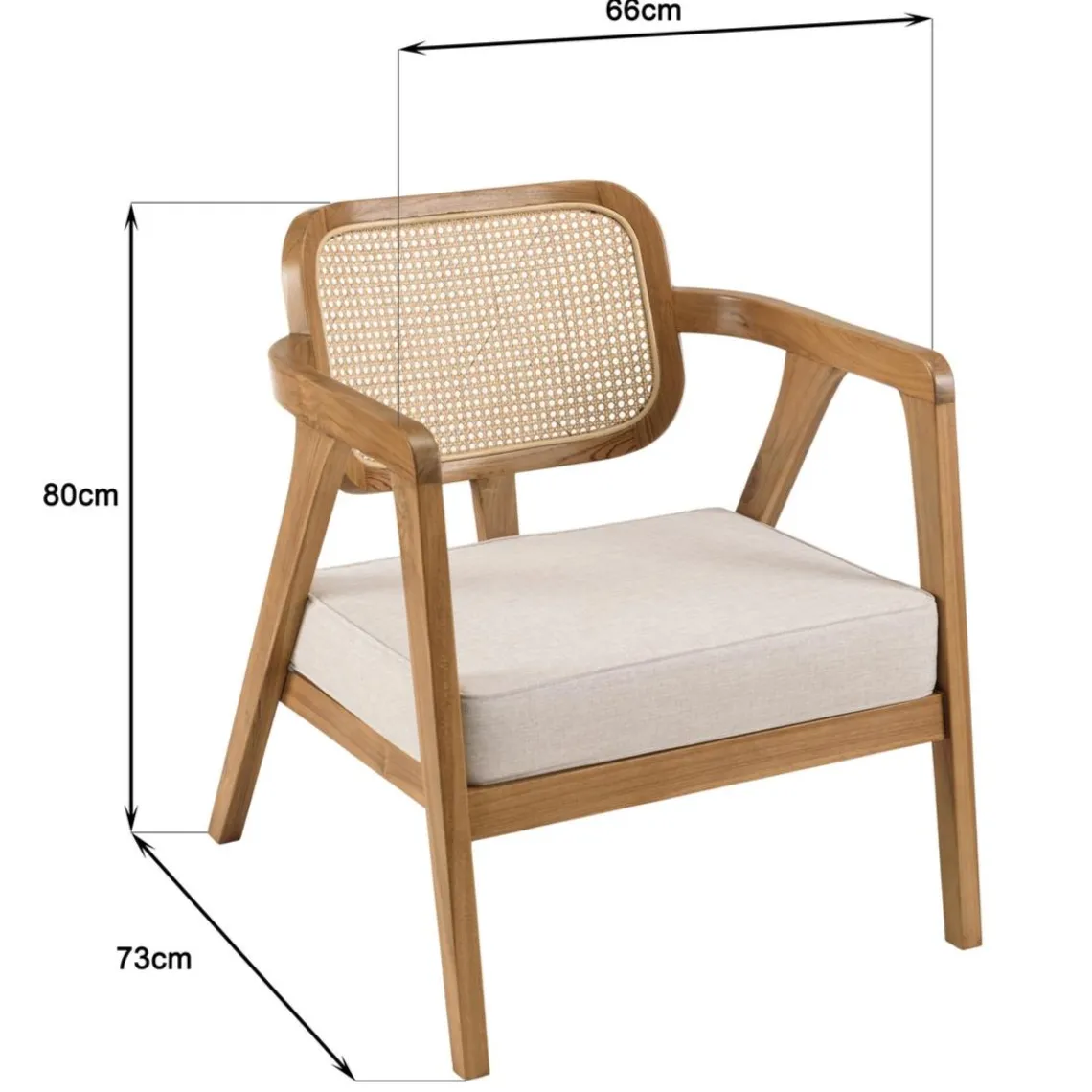 Macabane Fauteuil FLORES en teck avec dossier en cannage naturel et coussin gris WILL Marron New