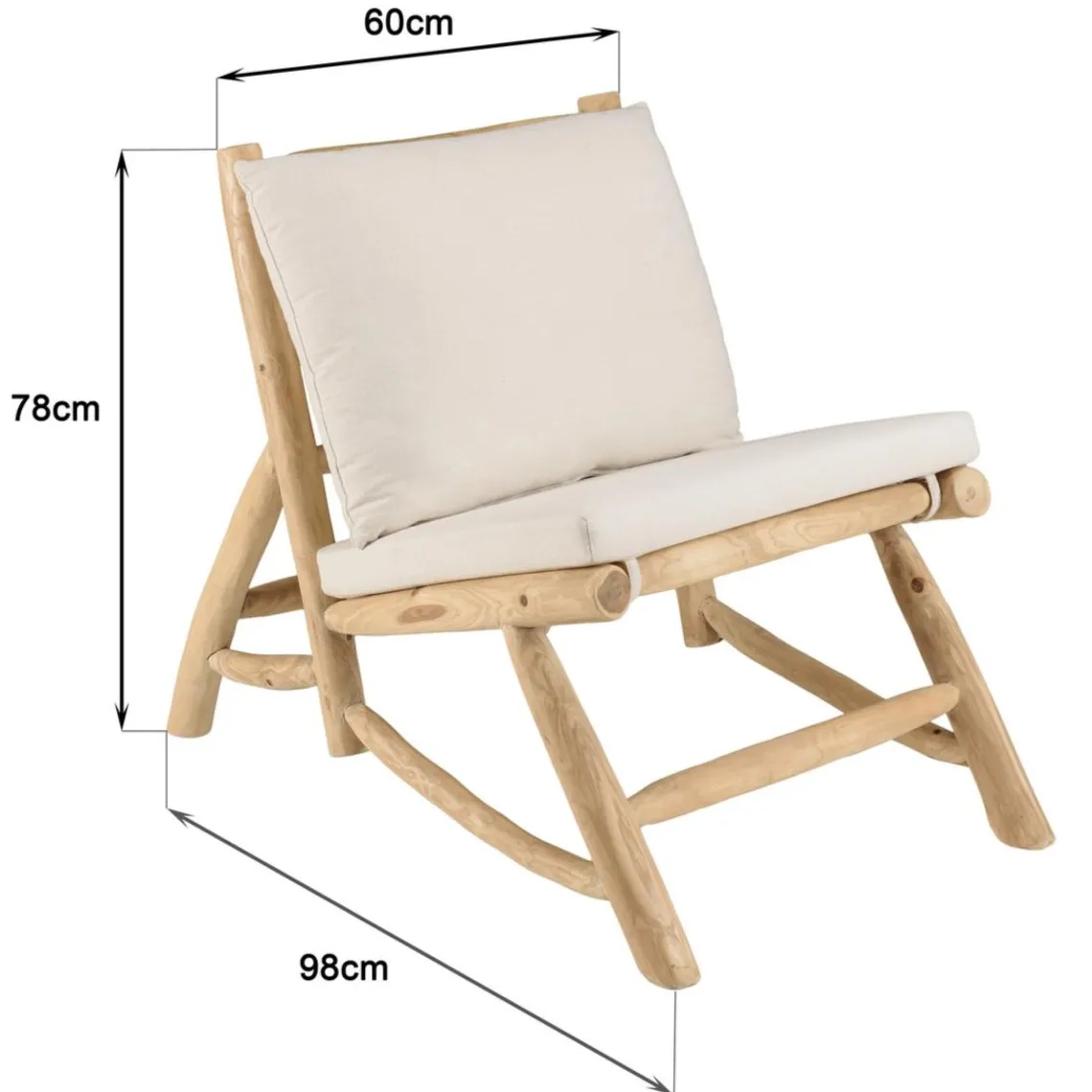 Macabane Fauteuil lounge en branches de Teck naturel avec coussin blanc WILL Best