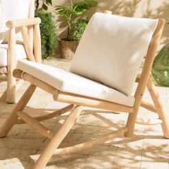 Macabane Fauteuil lounge en branches de Teck naturel avec coussin blanc WILL Best