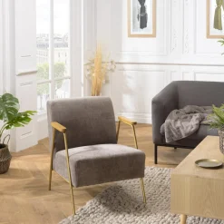 Macabane Fauteuil lounge tissu taupe métal doré accoudoirs bois New