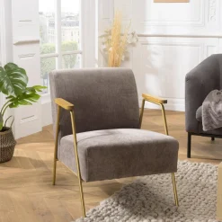 Macabane Fauteuil lounge tissu taupe métal doré accoudoirs bois New