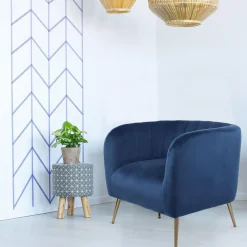 3S. x Home Fauteuil moderne Bombaro pieds métal doré et Velours Bleu