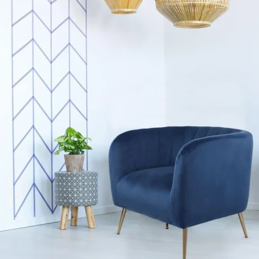 3S. x Home Fauteuil moderne Bombaro pieds métal doré et Velours Bleu