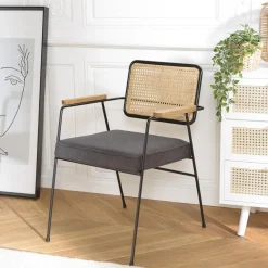 Macabane Fauteuil métal noir assise tissu gris foncé dossier rotin AGATHE Outlet